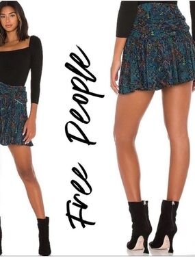 Free People Blue Multi Printed Ruched Who Is She Combo Mini Skirt, Size 0, NWT